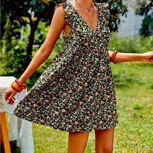 Ruffle Shoulder Mini Dress with Tie Bow Back,